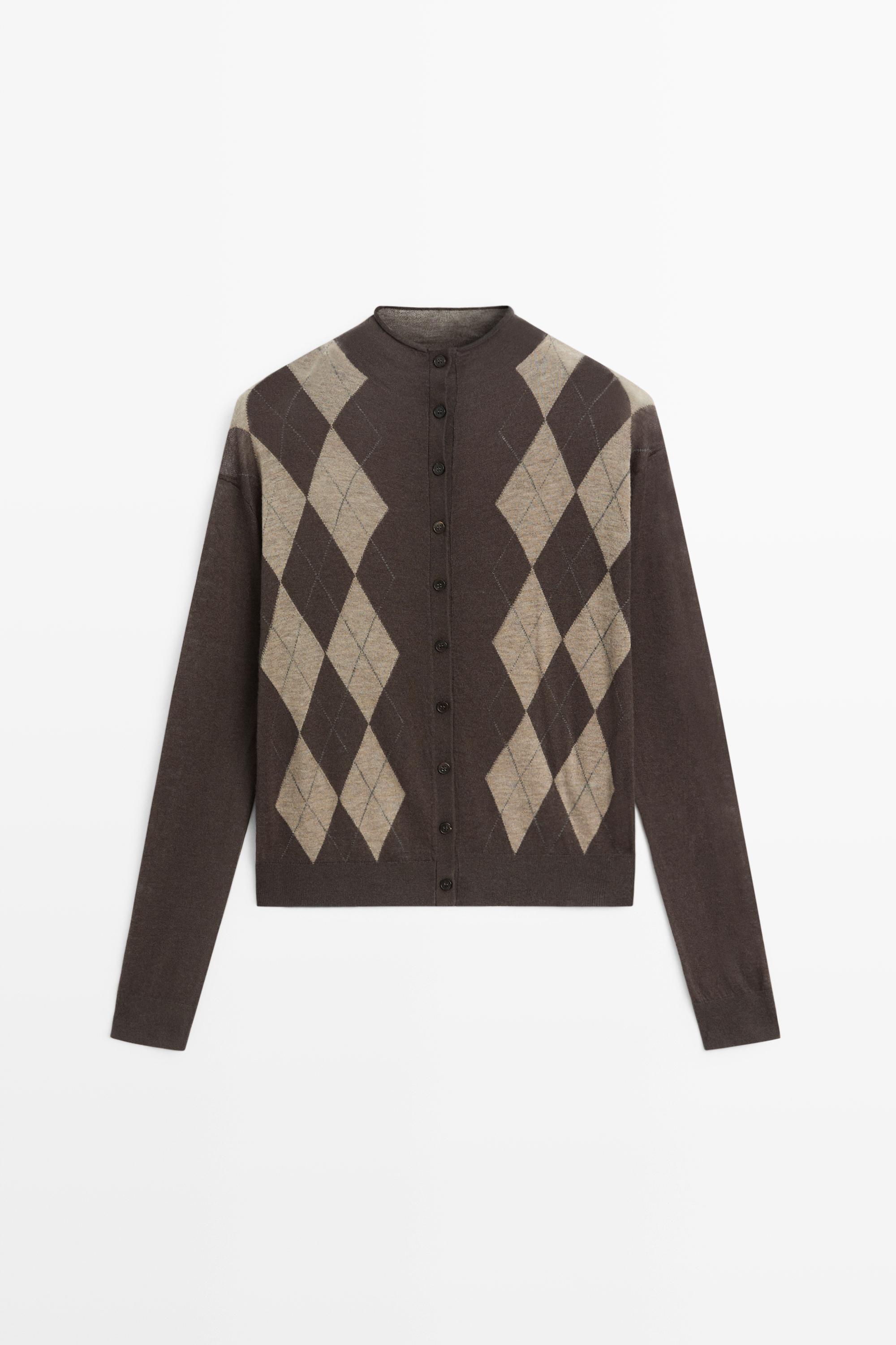 100% wool argyle knit cardigan